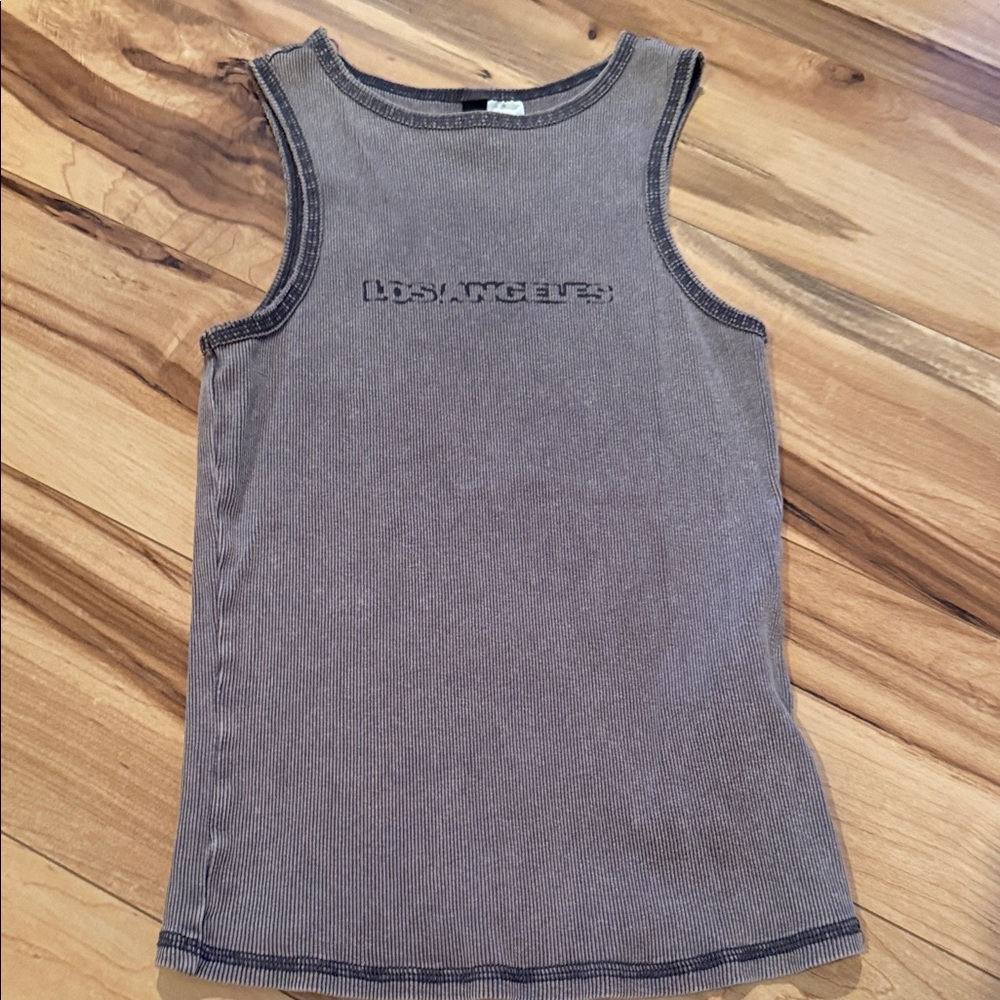 Gray/ tanish Sleeveless Top with Embroidered Text